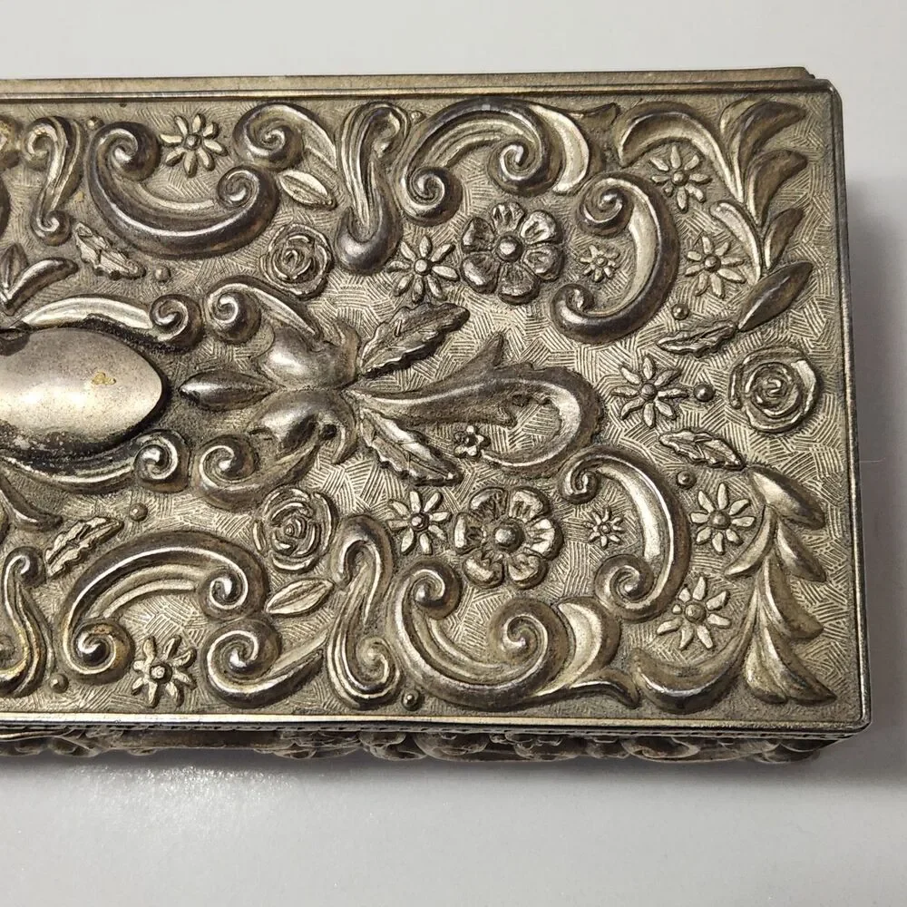 Godinger Vintage 1992 Silver Plate Ornate Rectangle Jewelry  Hinged Box Velvet